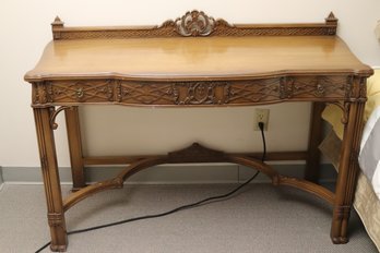 Vintage Chinese Chippendale Style Wood Desk With Carved Drawer Front And Back Edge.