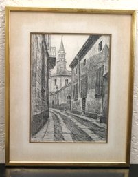 Vintage Etching By Bela Sziklay Of A City Streetscape