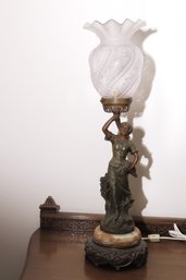 Art Nouveau Style Lamp With Shelter Figurine On Onyx And Frilly Frosted Glass Shade.