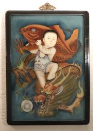 Gorgeous Vintage Chinese Reverse Painting On Glass/board Of A Child With Goldfish And Dragon