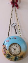 E.N. Welch Hanging Wall Clock, Hand Painted Milk Glass.