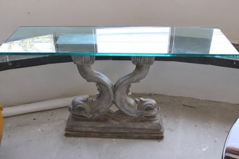 Sculptural Chinoiserie Console Table With Pedestal Of Twin Asian Dolphins And  Thick  Glass Top
