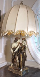 Tall Painted Metal Lamp, Depicting Lovers With Torch.