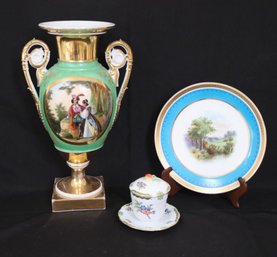 Majestic Paris Porcelain Scenic Urn With Gold Trim, Antique Hand Painted Plate & Herend Relish Bowl