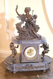 19 Century Neoclassical Style Black Marble Clock With Patinated Bronze Mounts Of Female Figure And Cherubs