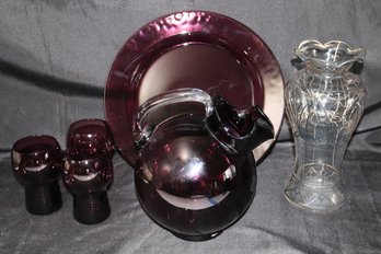 Silver Etched Vase & Cranberry Toned Pitcher Set Includes 3 Glasses & Plate