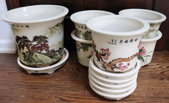 Lot Of 6 Vintage Chinese Hand Painted Porcelain Planters And Under Plates, With Flowers And Calligraphy.