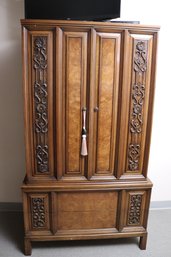 Romweber Furniture Vintage Mens Armoire Style Dresser, Burl Wood And Carved Panel Doors.