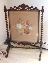 19th Century French Style Embroidered Fire Screen With Barley Twist Legs.
