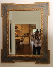 Grand Solid Carved Wood Entryway Wall Mirror With A Beveled Edge, Scrolled Design And Gilded Trim