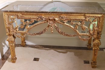 Spectacular Marble Top Gilded Console Table With Mirror Panels And Floral Swags