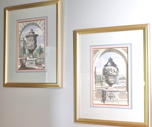 Pair Of Framed Roman Garden Ornament Prints In Gold Finished Frames In The Style Of Simon Schynvoet