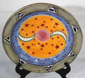 Mystical Hand-painted, Ceramic Decorative Bowl With Inlaid Tin Border