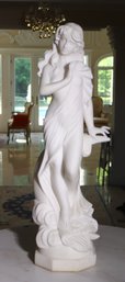 White Marble Stone Figure Of Demure Maiden With Draped Shawl.