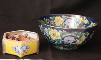 Two Chinese Decorative Bowls With Blue And Yellow Flowers.