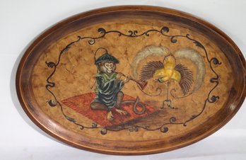 Hand Painted Textured Tray Depicting Monkey And  Bird Of Paradise