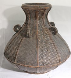 Large Pear-shaped Wooden Basket With Rattan Exterior