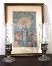 Sterling Weighted Hurricane Style Candle Holder With Etched Glass & Religious Framed Needlepoint