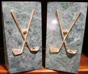 Decorative Crafts Hand Crafted Lacquered Polished Stone Bookends With Golf Motif