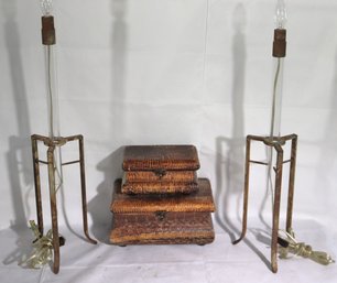 Pair Of John Saladino Industrial Tube Style Table Lamps With Shades And  2 Snakeskin  Boxes