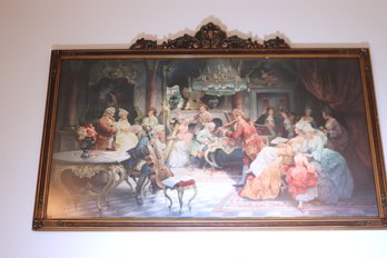 Antique French Chromo Lithograph Music Scene In Decorative Carved Frame
