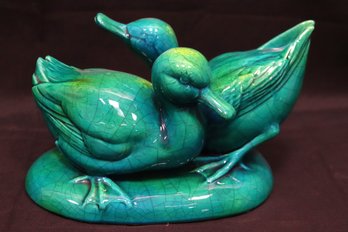 Pretty Blue And Green Crackle Finished Italian Made Ceramic Duck Figure