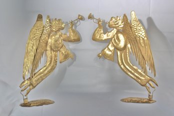 Pair Of Gold Tone Metallic Angels With Trumpets