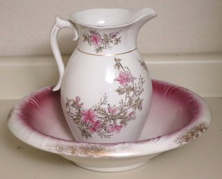 Antique Etruria Pitcher And Bowl With Pink Highlights By Mellor And Co.