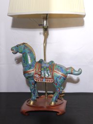 Cloisonne Turquoise Color Tang Horse On Wooden Base Lamp.