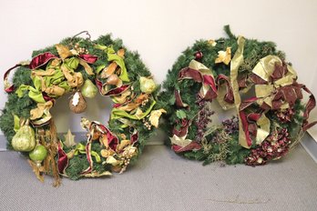 Two Vintage Wreaths With Attached Ribbon And Gilded Fruit. 27 Inches Round