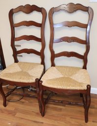Pair Of Farm Style Ladderback Dining Chairs With Woven Rush Seating.
