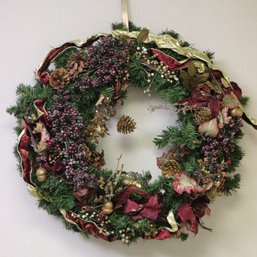 Vintage Wreath With Attached Ribbons, Pinecones And Juniper Berries