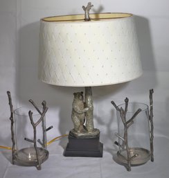 Whimsical Table Lamp Features A Bear Climbing On A Tree & Pair Glass And Metal Twig  Design Candle Holde