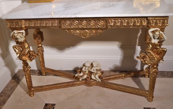 Beautiful Marble Topped Console With Gold Frame, Featuring Female Forms And Musical Cherubs.