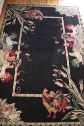 Country Collection Area Rug Polyester, And Cotton Black Background With Rooster And Chicks In The Grass Design