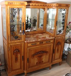 Antique French Marble Top Hand Carved Buffet Cabinet With Wrought Iron Accents