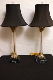 Pair Of Corinthian Column Glass Table Lamps With Gold Accents