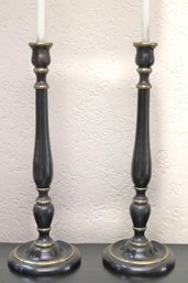 Pair Of Tall Fancy Metal Candlesticks With An Ebony/gilt Finish