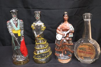 Vintage Collectible Glass Decanter Bottles Including Crema Cacao, Anis, And Medley Bros Banjo Bottle