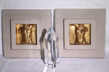 Pair Of Cast Concrete Sculptures Art Plaques With Gold And Glass Pencil Paperweight By Hoya