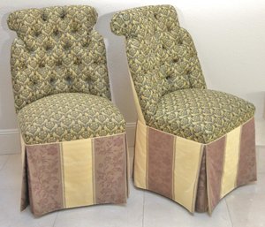 Pair Of Fancy Custom Tufted/skirted Dining Chairs With Black/gold Linen Fabric