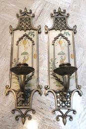 Pair Of Chinoiserie Brass And Painted Tole Decorative Wall Sconces.