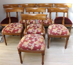 Set Of 8 Empire Style Light Wood Dining Chairs With Grape Leaf Fabric.