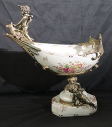 Home Decor Hand Painted Porcelain Centerpiece With Cherubs Atop Mythological Animal.