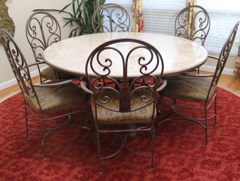 Travertine Tile Top And Wrought Iron Dining Table With 6 Wrought Iron Armchairs.