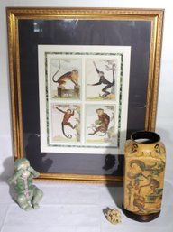 Monkey Love With Colored Monkey Print, Decorative Vase, Ceramic And Soapstone Monkeys