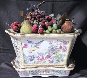 Beautiful Hand Painted Chinese Centerpiece And Bowl With Beaded Fruits