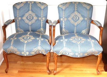 Pair Of Fine Louis Xv Padded Arm Chairs With Beautiful Blue/gold Striped Linen Fabric