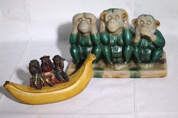 Speak No Evil Ceramic Monkey Trio & Banana Boat Monkeys