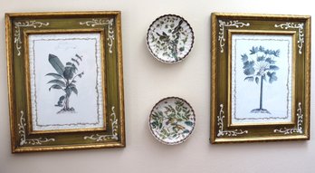 Decorative Wall Items, Including Framed Prints And Two Bird Plates With Scalloped Edges And Crackled Finish.